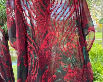 Womens Caftan Maxi Dress, Red Embroidered Printed kaftan Dress, Beach Summer Holiday Dresses ONESIZE L/4X