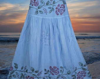 Blue Long Skirt, Soft and Flowy Long Boho Skirts, Floral Painted Hippie Maxi Skirt, Elastic Waist Skirt, Ren Faire Clothing M/L