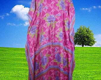 Womens Kaftan Maxi Dress, Pink Periwinkle  printed Recycled Sari Bikini Resort Caftan Summer Dress, Kaftan, Cruise Dresses L-XL