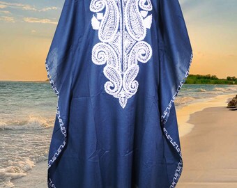 Womens Midi Embroidered Handmade Kaftan Dress, Navy Blue Cashmere Aari embroidered kaftan, kashmiri Boho Caftan, Designer Kaftan L-4X