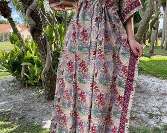 Womens Kaftan Maxi Dress, Beige Red Printed Caftan Maxi Dresses, Gift, Bikini Cover up loose Maxi Dress, L-4XL One size