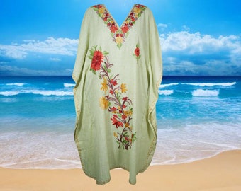 Floral Kaftan, loose fit maxi dress, Oversized kaftan dress, Green Red Embroidered cotton dress L-2XL One size