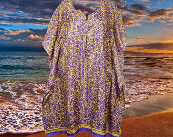 Women Floral Kaftan, Midi Dresses, Mindful Fashion Blue Yellow Cruise Caftan, Resort Wear, Recycled Sari Loose Beach Cover Up S/M/L