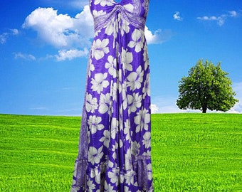 Womens Strap Boho Beach Maxi Dress, Summer Maxi Dress, Halter Dresses, Purple White Printed Swing Recycle Silk Handmade Dresses S/M