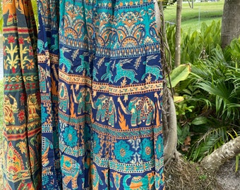Womens Hippie Maxi Skirt, Blue Printed Cotton Boho Chic Skirts, Holiday Festival Skirts SM