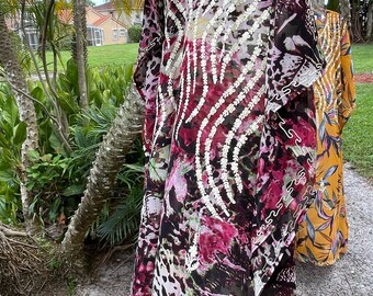 Womens Kaftan Maxi Dresses, Black White Floral Embellished Caftan Lounger, Resort Wear,  Plus Size L-4X