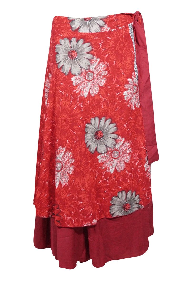 Red Floral Wrap Skirts Hippy Womens Magic Wraparound Skirt Reversible Sari Beach Sarong Dress One Size