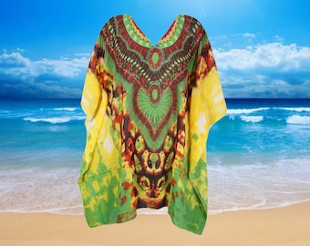 Womens Caftan Dress, Knee Length Printed Beach Bikini Cover Up Sheer Georgette Kaftan, Green Yellow Bohemian Caftan Dresses L-2X