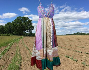 Womens Maxidress, TWILIGHT MAGIC Recycled Silk Dress, Spaghetti Strap, Holiday Dinners, Travel Maxi Dress S/M