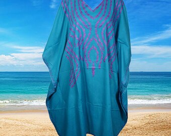 Women kaftan Dress, Spring Fashion, Blue Floral Embroidery Mid Length, Cotton Kimono Resort Wear, Kaftan Dresses, One size L-4XL