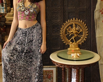 Womens Black Abstract Maxi Skirt, Gypsy Boho Skirts, full length Summer Beach Long Skirts M