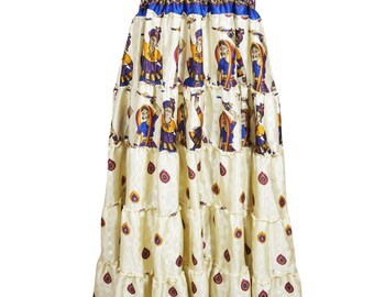 Womens Maxi Skirt,  Beige BLUE Indi Boho Gypsy Strapless Dress Floral Printed Recycled Sari Summer Bohemian Skirt S/M