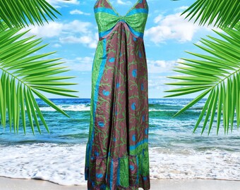 Womens Summer Maxi Dress, Halter Dresses, Green Purple Summer Flare Boho Beach Maxi Dress, Strap Dress, Recycle Sari Handmade Dresses ML