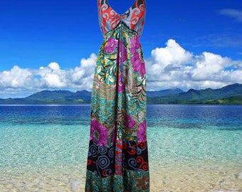 Womens Fall Maxidress, Colorful Recycled Silk Dress, Bohemian Strapdress, FLOWER GIRL Summer Travel Maxi Dress ML
