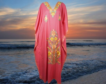 Womens Kaftan Maxi Dresses, Pink Hand Embroidered Caftan, Travel Maxi Dresses, Boho Lounger Loose Flowy Dress Caftan One Size L-3XL