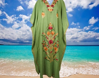 Women's Kaftan Maxi Dress, Handmade Gift, Fern Green Beach Holidays Caftan, Lounger, Cotton Embroidered Caftans, One size L-2XL