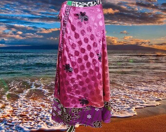 Womens Beach Wrap Skirt, 2 Layer Skirts, Pink Printed Sari Skirt, Resort Wear, Valentine gift, Reversible Wrap Skirts, One Size