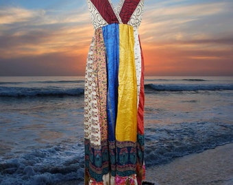 Womens Deep V Maxidress, Fall Maxi Dress, Colorful Euphoria Recycled Silk Maxi Dress, Boho Hippy Beach Dress, Gift S/M