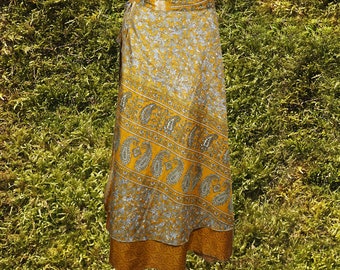 Women Long Wrap Skirt, Beach Coverup Sarong, Silk Sari Wrap Skirts, Yellow Floral Printed, 2 Layer Reversible Magic Skirts One Size