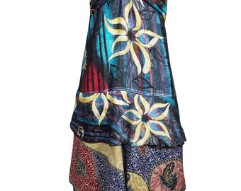 Womens Travel Beach Dress, Spaghetti Strap Dress Bohemian Dresses, Handmade Blue Gray Floral Print Summer Boho Chic S/M