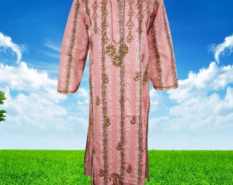 Women's Tunic Kaftan Dress, Cotton Pink Embroidered Printed Bohemian Caftan, Soft Beach Cover Up Long Tunic L