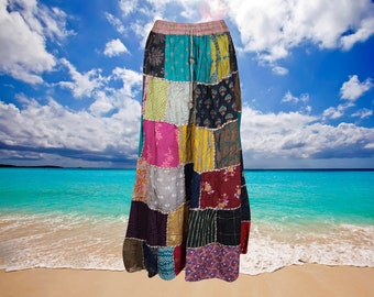 Womens Patchwork Maxi Skirt, Long Elastic Waist Cotton Colorful Vintage Indian Style Handmade A-Line Long Skirts S/M/L