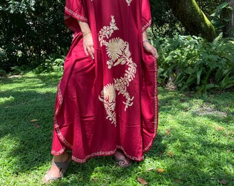Womens Embroidered Muumuu, Maxi Caftan Dress, Boho Summer, Cotton Dresses, Maroon Red Flowy Kimono, House Dress, One Size L-3XL