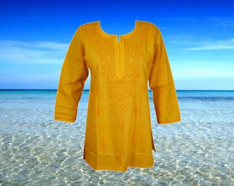 Womens Tunic Dress, Yellow Embroidered Cotton Gorgeous Summer Bohemian Kurti, Travel Fashion, Beach Festival Tunic