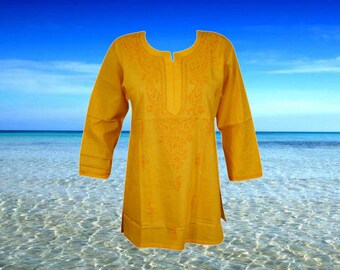 Womens Tunic Dress, Yellow Embroidered Cotton Gorgeous Summer Bohemian Kurti, Travel Fashion, Beach Festival Tunic