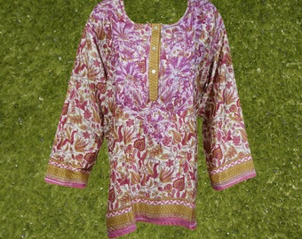 Womens Silk Tunic, Handmade Pink Floral Printed Tunic Top, Silk Shirt, Gift Hand Embroidered Blouse Indian Tunic Kurti, Kurti