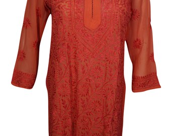 Fabulous Floral Embroidered Tunic Sexy Red Sheer Georgette Beach Bikini Coverup Dress S/M