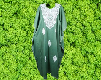 Women's Kaftan Maxi Dress, Green Beach Maxi holidays Dresses, Lounger, Cotton Embroidered Handmade Caftans, Oversize L-2XL One Size