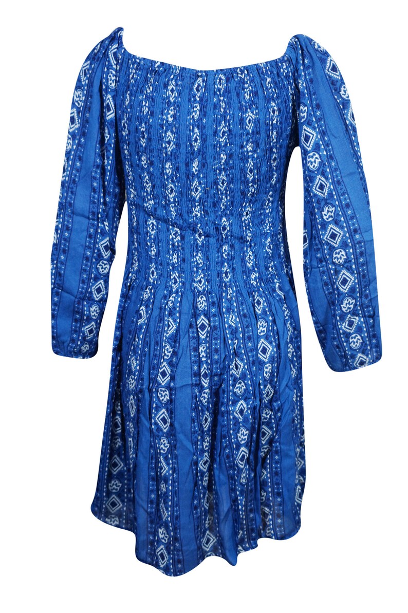 Bohemian Dresses Gypsy Chic Blue Printed Fit Flare 34 Sleeve Fitted Summer Beach Festivals SunDress ML