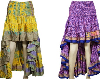 Wonder and Wow High-Low Maxi Skirt 2pc Recycled Vintage Sari Gypsy Hippie Chic Ruffle Flirty Flare Summer Skirts S/M