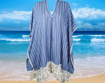 Travel Kaftan Dress, Blue Crochet Lace Design Summer Cotton Dress, Loose holiday resort dresses Short Cruise Caftan Dress, With Tassel S/M/L