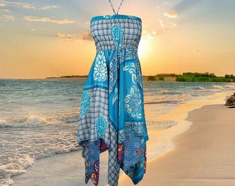 Womens Recycle Silk Halter Dress, Handmade Summer Dresses, Boho Blue Gray Hi Low Travel Sundress S/M