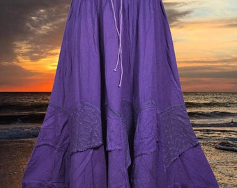 Purple Frill Long Embroidered Skirt, Festive Skirts, Western, Floral Painted Hippie Maxi Skirt, Elastic Waist Skirt, Ren Faire Clothing M/L