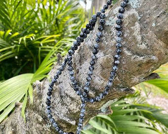 Snowflake Obsidian Mala, Necklace Mala Beads Knotted Tassel Necklace, 108 Japa Mala, Black Obsidian Mens Necklace, Root Chakra Mala