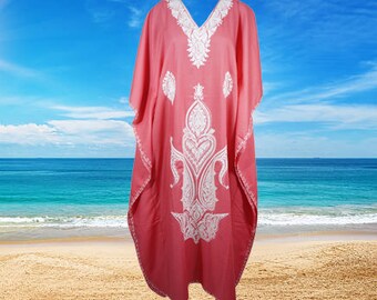 Womens Kaftan Maxi Dress, Pink Floral Embroidered Dresses, Loose Beach Maxi Dress, Resort Wear Caftan, Cotton Kaftan Dress One size L-2XL