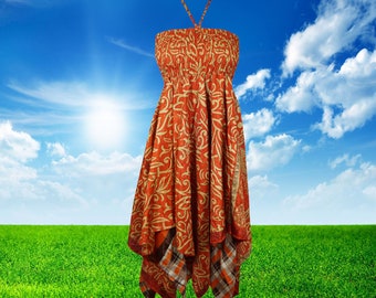 Women Summer Dresses, Sundress, Red Handmade Boho Dress, Printed Uneven Hem Upcycled Silk Sari Boho Beach Halter Dress S/M