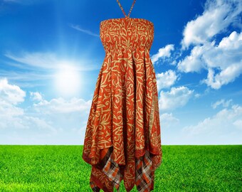 Women Summer Dresses, Sundress, Red Handmade Boho Dress, Printed Uneven Hem Upcycled Silk Sari Boho Beach Halter Dress S/M