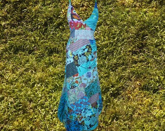 Womens Patchwork Maxi Dress, Cotton Handmade Boho, Handmade Blue Printed Long Dresses S/M