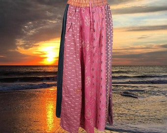 Womens Patchwork Maxi Skirt, Long Cotton Pink Skirt, Vintage Indian Style Handmade A-Line Long Skirts S/M/L