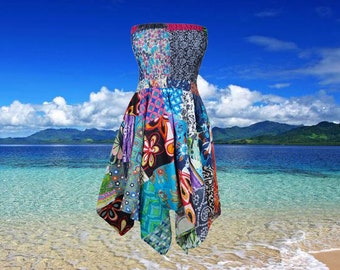 Women’s Boho Patchwork Skirts, Summer HANKY Hippie Dress, Cotton Beach Travel Skirt S/M