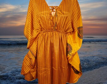 Womens Summer Caftan Recycle Sari Dresses Yellow Printed Kaftan M-XL One Size