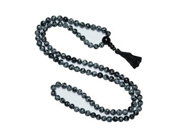 Healing Stone Snowflake Obsidian Mala Beads Energy Rieki Protection Grounding Handmade Necklace, Chakra Mala, Wellness Gift