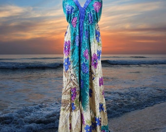 Bohemian Backless Dresses, Floral Halter Dress, Recycle Silk Maxi Dress for Women, Blue Beach Dress, Halter dress S/M/L