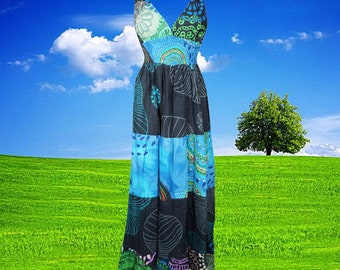 Womens Patchwork Maxi Dress, Deep V Maxi Festival StrapDress, Blue Cotton Handmade Boho Dresses, Bohemian Fashion S/M