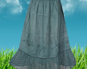 Womens Western Midi Skirt, Grey Embroidered Renaissance Skirts, Elastic Waist Skirt, Handmade, Hippe, Midi Skirts M/L