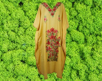 Women's Kaftan Maxi Dress, Canary Yellow Maxi Dress, Beach holidays, Lounger, Cotton Embroidered Caftans, Oversize L-2XL One Size